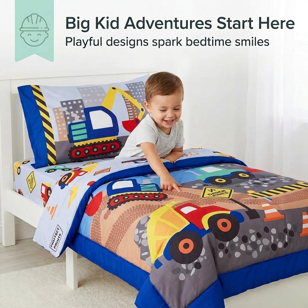 EVERYDAY KIDS Juego de ropa de cama de 4 piezas para niños pequeños - Under Construction - Incluye edredón, sábana encimera, sábana bajera y funda de almohada reversible