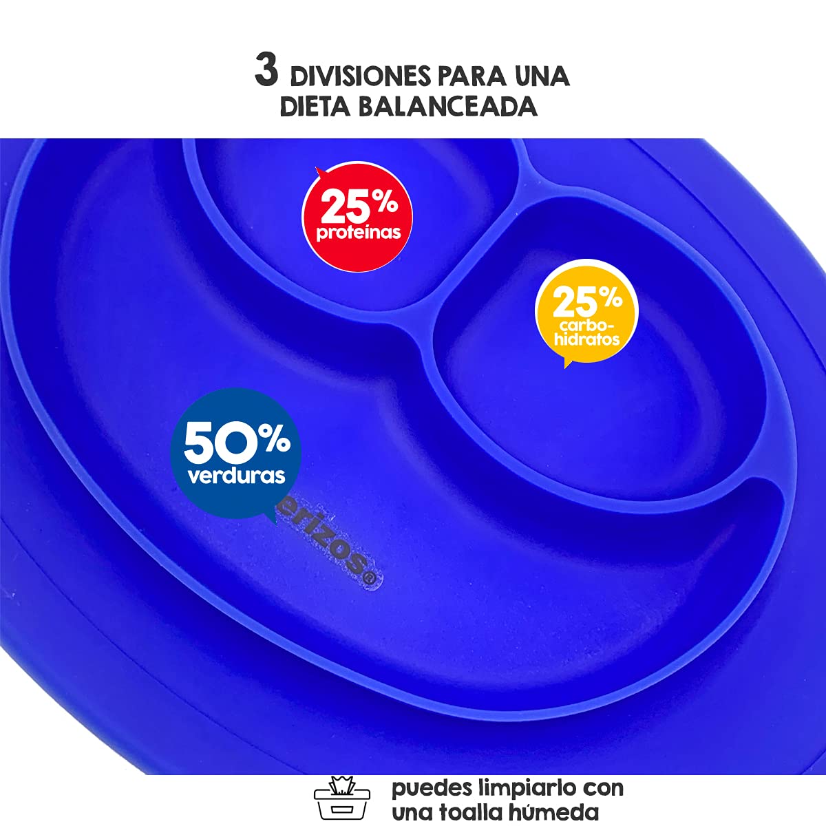 Bberizos| Plato Antideslizante Cuchara Suave Encías Set Alimentación de Silicona para Bebe Infantil con Divisiones para Niños Grado Alimenticio para Papillas Alimentos Sólidos Snakcs Sin BPA Sin PVC (Blue)