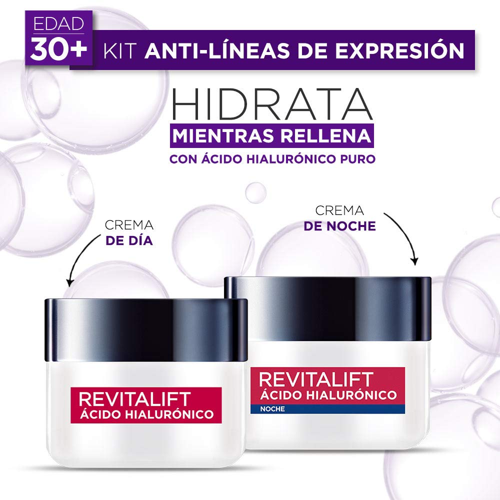 L'Oreal Paris Kit revitalift cuidado facial: crema de dia y crema de noche + Crema hidratante anti-líneas de expresion Revitalift Ácido Hialurónico Noche de L'Oréal Paris, 50 ml