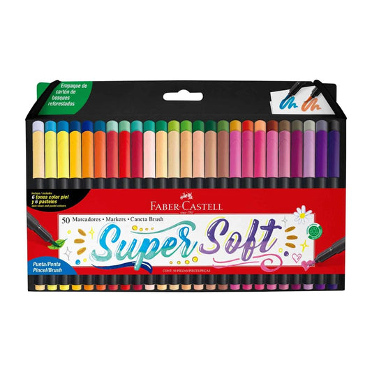 Faber-Castell Marcadores Supersoft Punta Brocha con 50 plumones de diferentes colores y todos con tipo de punta (B), utilizan tinta de alta calidad que resiste la luz y a la decoloración