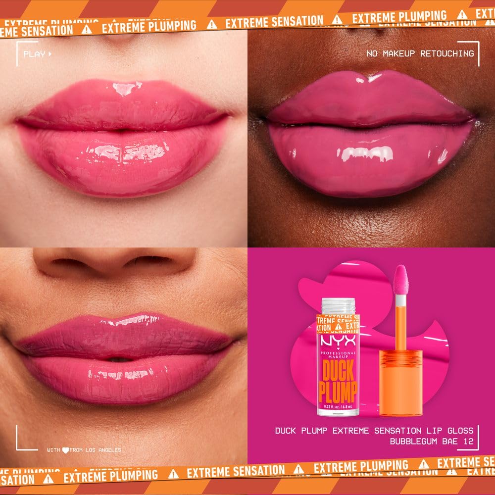 NYX Professional Makeup, Duck Plump, 7ml. Tono: Bubblegum Bae (rosa). Brillo labial voluminizador con efecto plumping para un volumen instantáneo. Gloss infusionado con jengibre picante para un volumen visible y de larga duración. Fórmula vegana.
