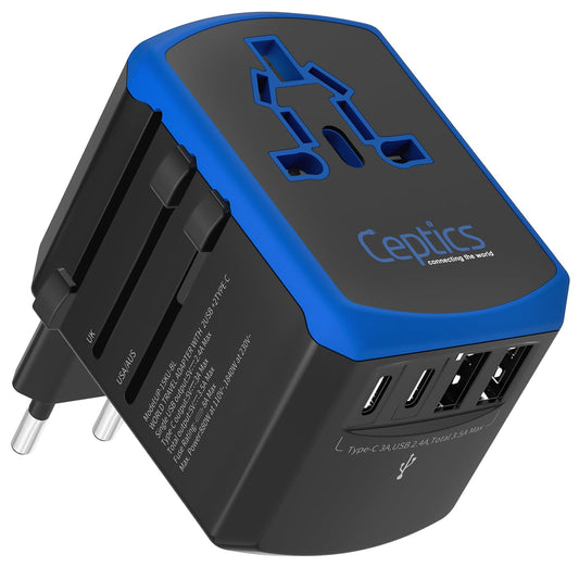 Adaptador Universal de Viaje Ceptics Negro 5 en 1 con Cargador para Portátil y 2 Puertos USB-A y USB-C