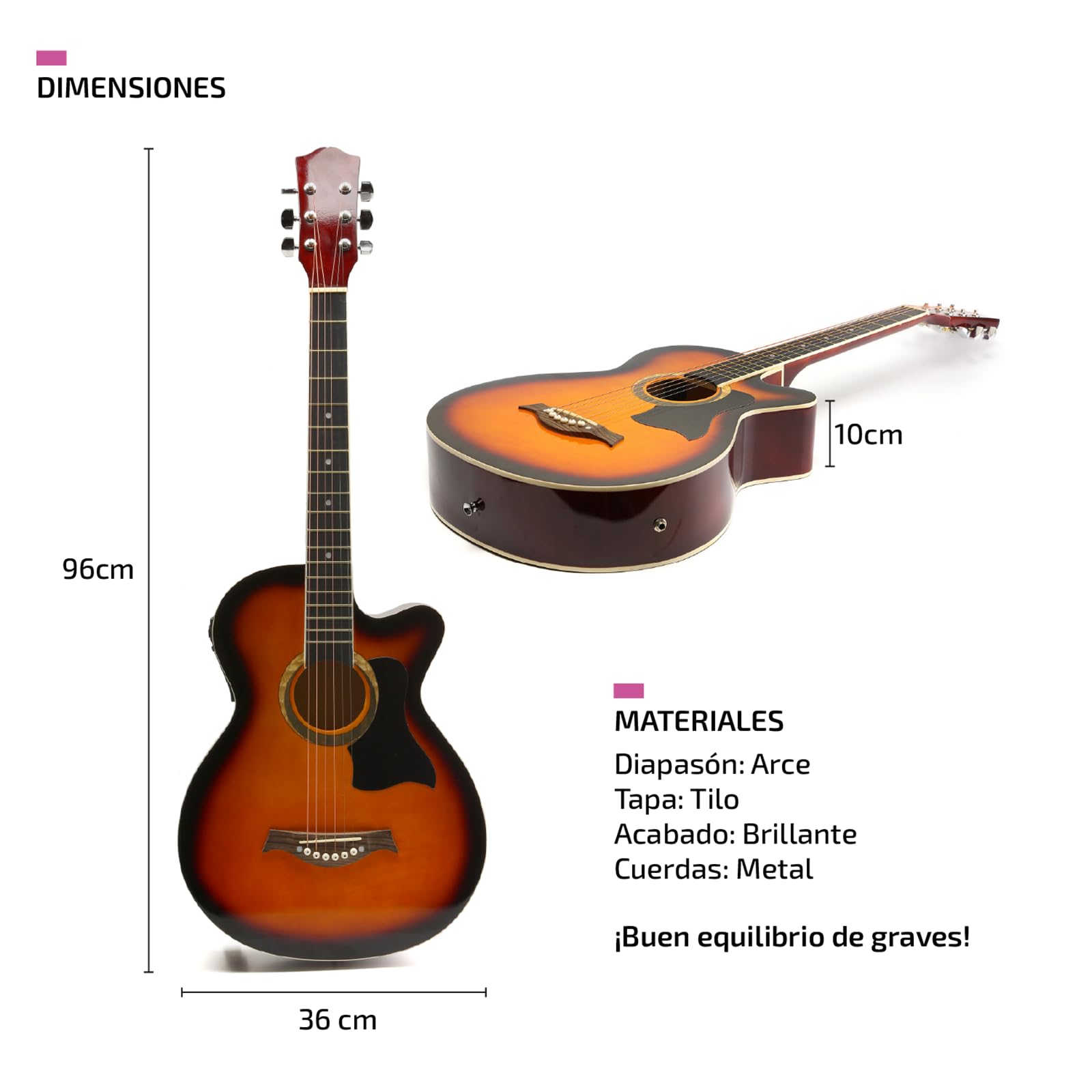 FEMMTO Guitarra Electroacústica con Bolso + Cinta + Púas + Cuerdas extras (Naranja)