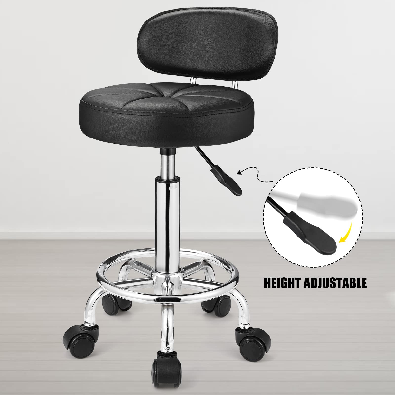 HMTOT Taburetes giratorios con ruedas, altura ajustable, respaldo de banco de spa, color negro