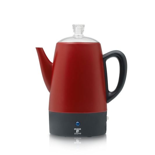 Cafetera eléctrica Moss & Stone, cuerpo rojo con tapa de acero inoxidable, cafetera eléctrica, cafetera de camping roja de 10 tazas