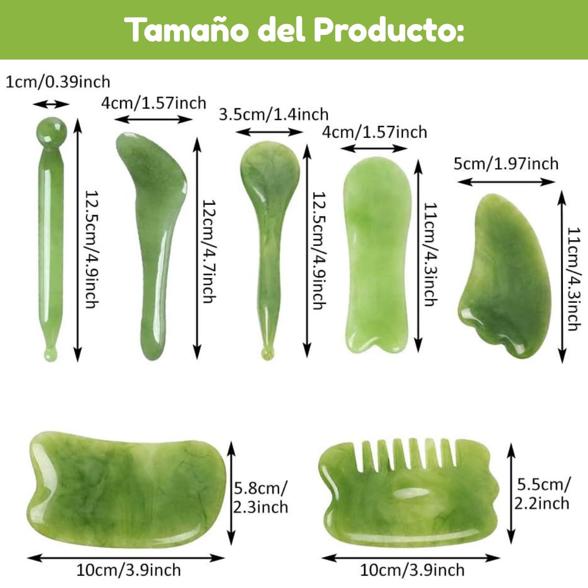 Herramientas de Masaje Gua Sha de Piedra de Jade Verde para Terapia Facial y Corporal