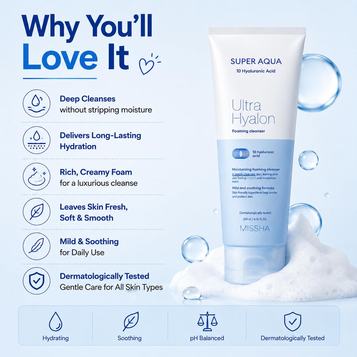 MISSHA- LIMPIADOR FACIAL EN ESPUMA: La línea Super Aqua de MISSHA está diseñada para mantener tu piel fresca. Nuestra espuma limpiadora Super Aqua Ultra Hyalron es un limpiador facial en espuma hidrat