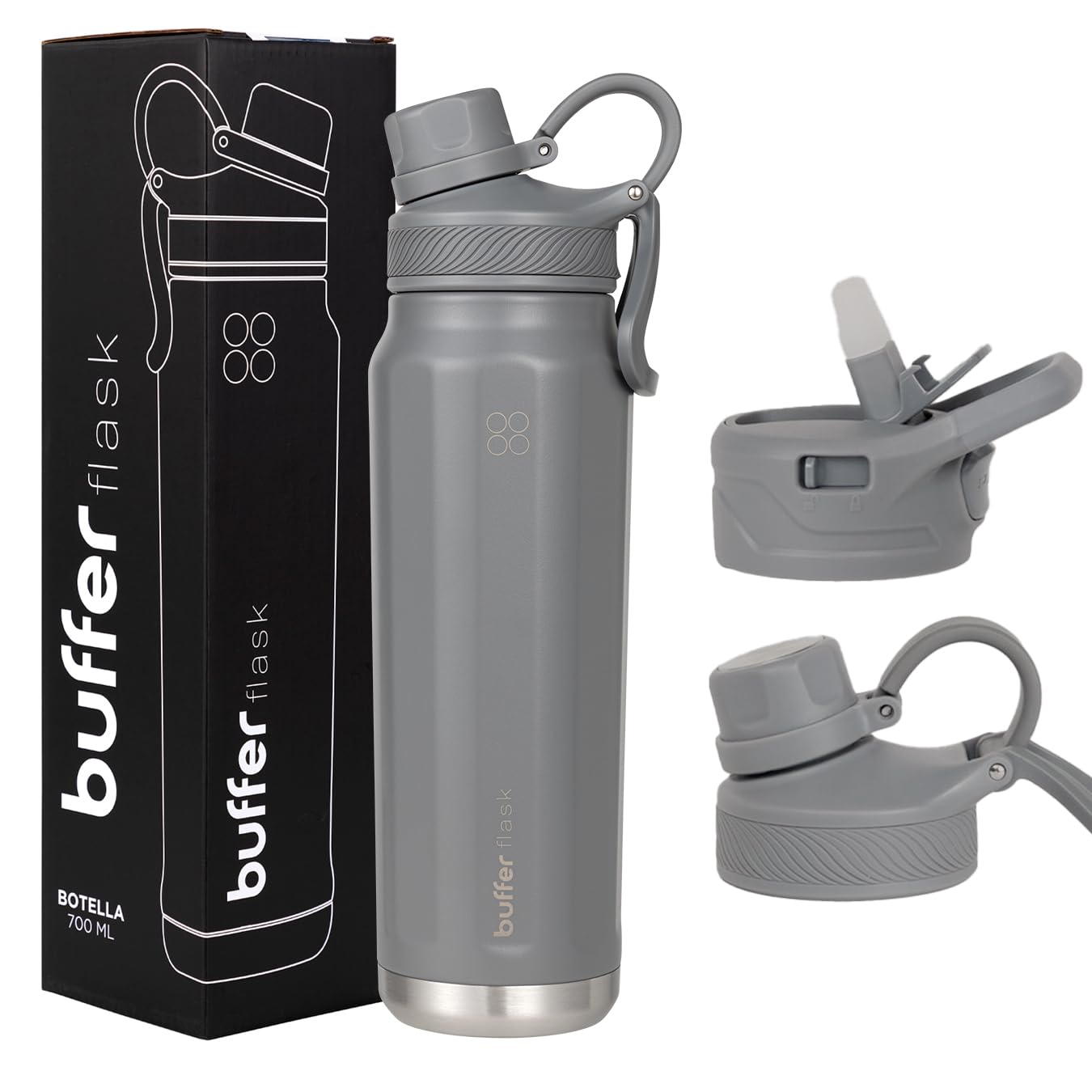 BUFFER FLASK - Termo de Acero Inoxidable | Botella de Agua Aislante, Termos Agua Fría (24 horas) o Caliente (12 horas) | Antigoteo, Hermético | Incluye tapas | 700 ml - 24 Oz| Color Cool Grey