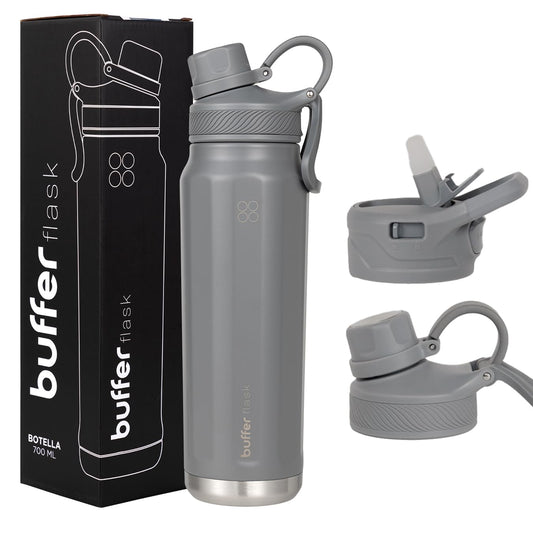 BUFFER FLASK - Termo de Acero Inoxidable | Botella de Agua Aislante, Termos Agua Fría (24 horas) o Caliente (12 horas) | Antigoteo, Hermético | Incluye tapas | 700 ml - 24 Oz| Color Cool Grey
