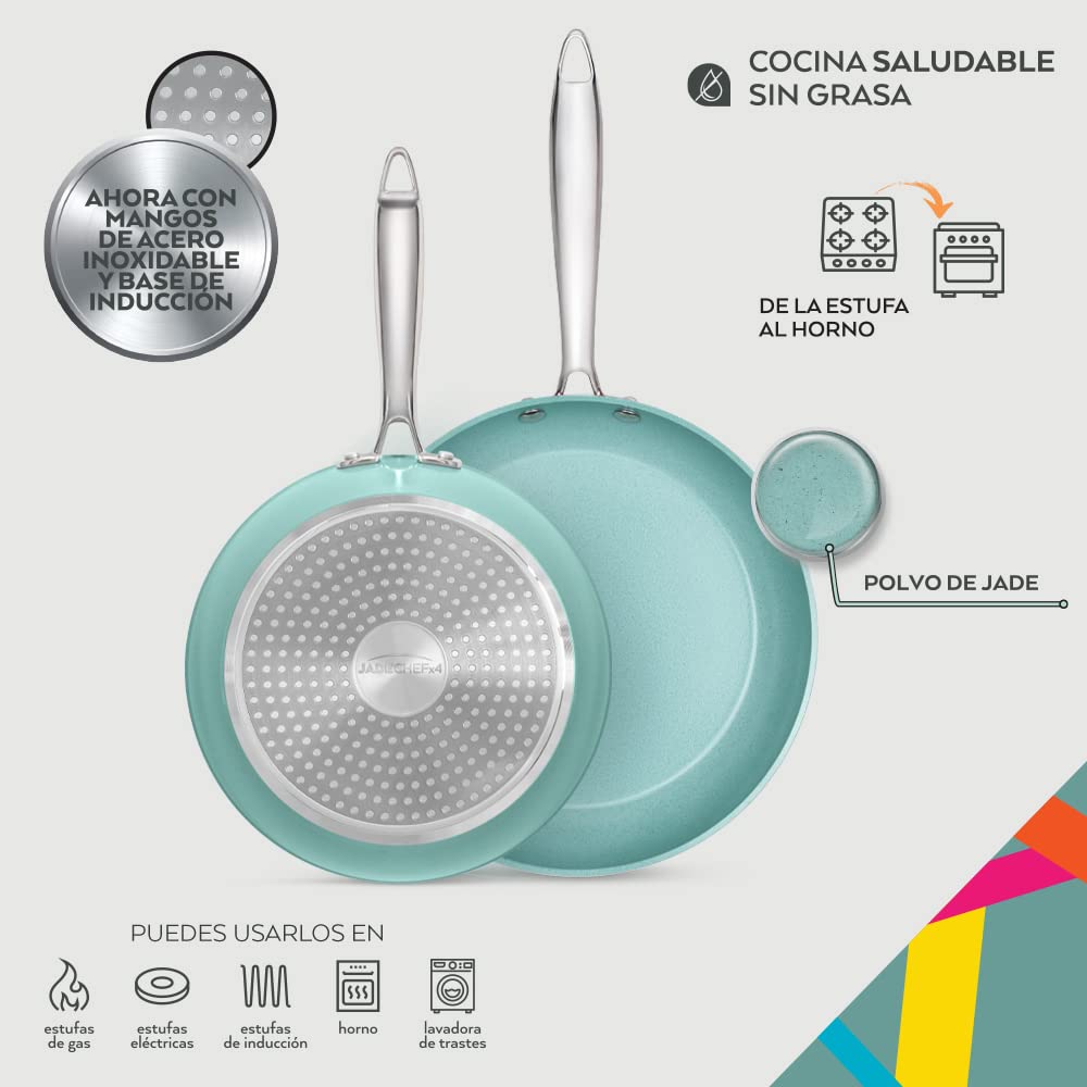 JADECOOK Bateria de Cocina Jade Cook Nueva Generación CV Directo Baterias de Cocina Premium Incluye 4 Piezas 2 Sartenes Antiadherentes 1 olla con Tapa Libre de Toxicos Set de Ollas