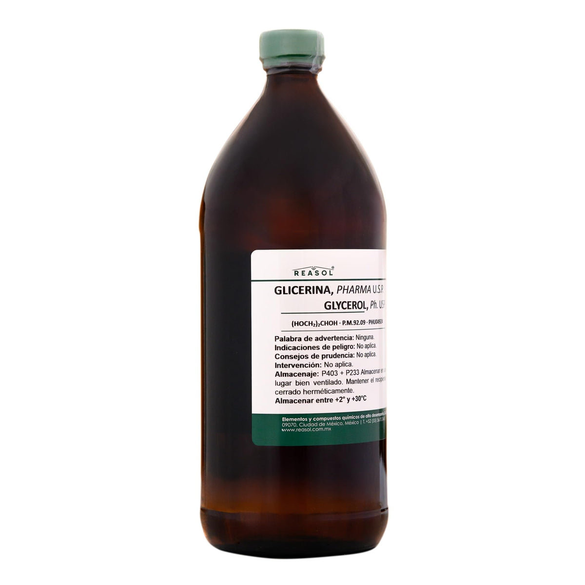 REASOL, GLICERINA de Origen Vegetal; Biodegradable, Pureza ≥99%. Cumple Especificaciones USP, NF, FCC, BP y Ph. Eur. Botella vidrio ámbar de 1l