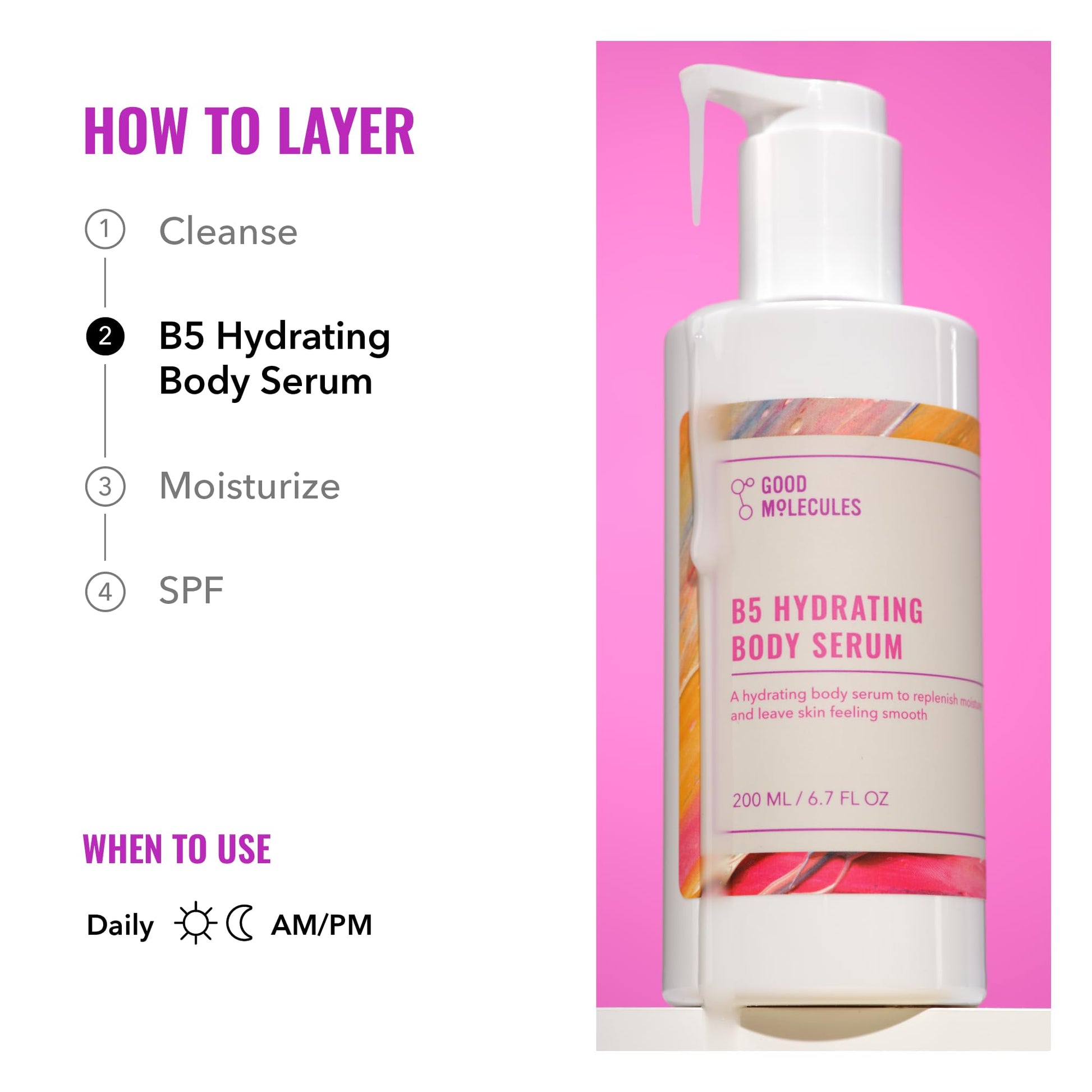 Good Molecules B5 Hydrating Body Serum 200ml/6.7oz - Moisturizing Serum with B5 Panthenol, Polygutamic Acid, and Beta Glucan - Hydrating, Soothing, Anti-aging Moisturizer, Skin Care for Body
