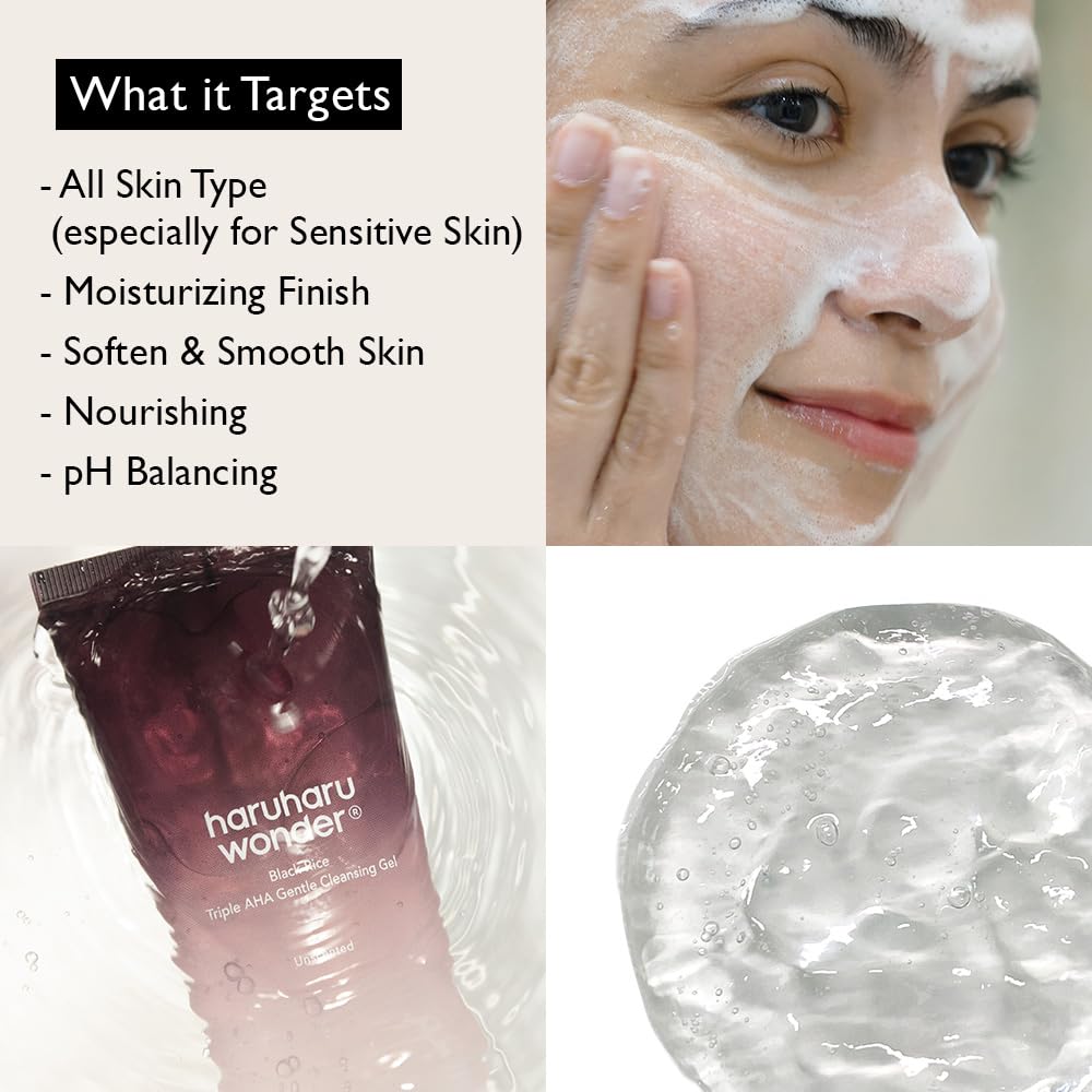 HARUHARU wonder Black Rice Triple AHA Gentle Cleansing Gel, Hydrating Cleansing gel, Gentle exfoliating, Vegan, Travel essentials, Korean Skincare, 3.38 fl oz