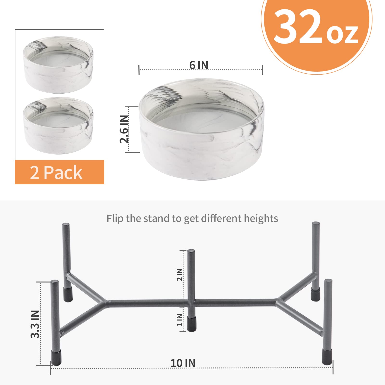 AOMRYOM tazón elevado de cerámica para perros y gatos de 6 '' con soporte de hierro, cuencos modernos elevados de comida y agua para gatos y perros, comedero de porcelana sin derrames, juego de 2