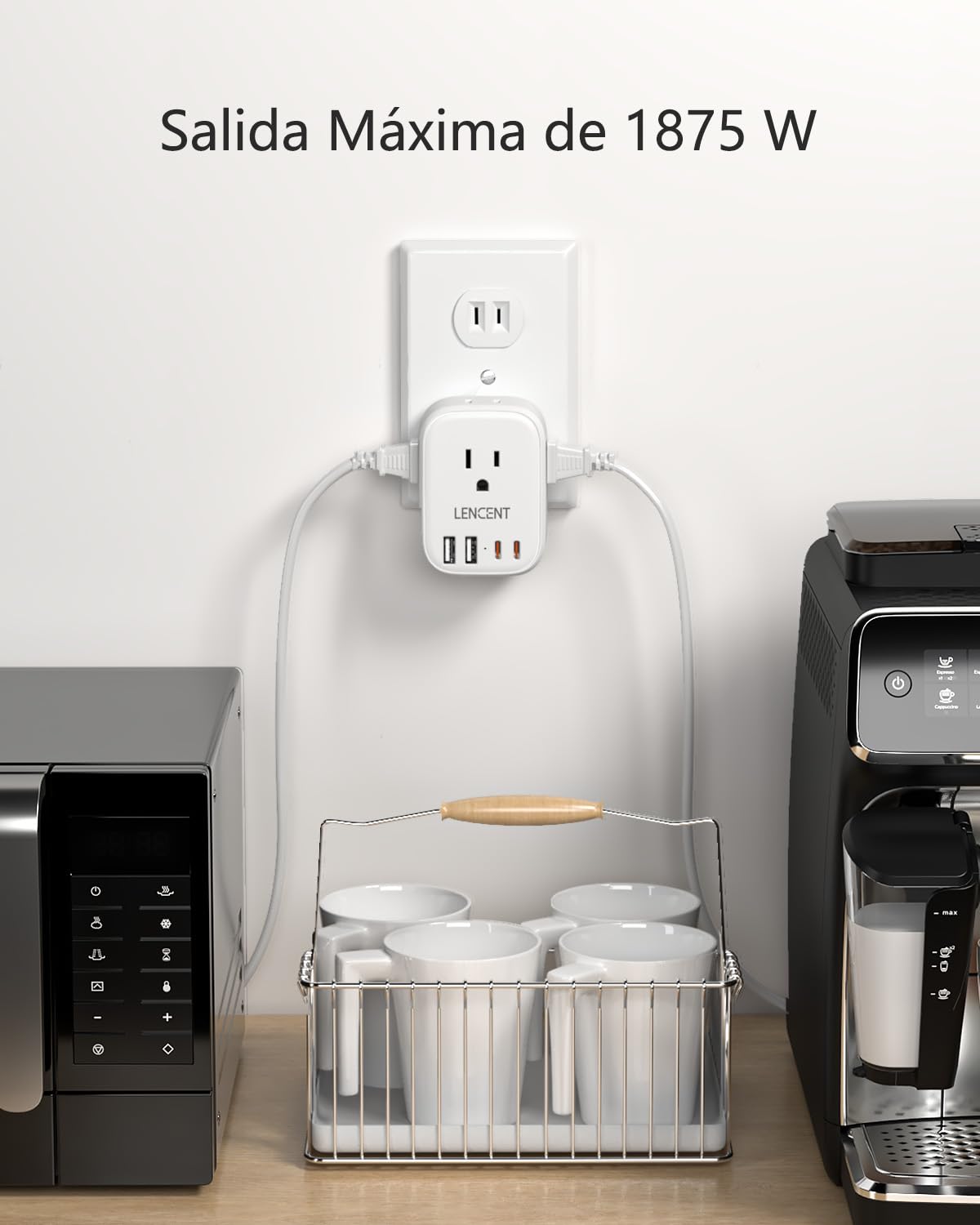 LENCENT 1X Adaptador de Enchufe Americano Tipo A, Adaptador de 3 a 2 Clavijas con Enchufe Polarizado, Cargador con 4 Salidas CA&4 USB (2 USB C), Extensor de Enchufe de 2 Clavijas sin Toma de Tierra