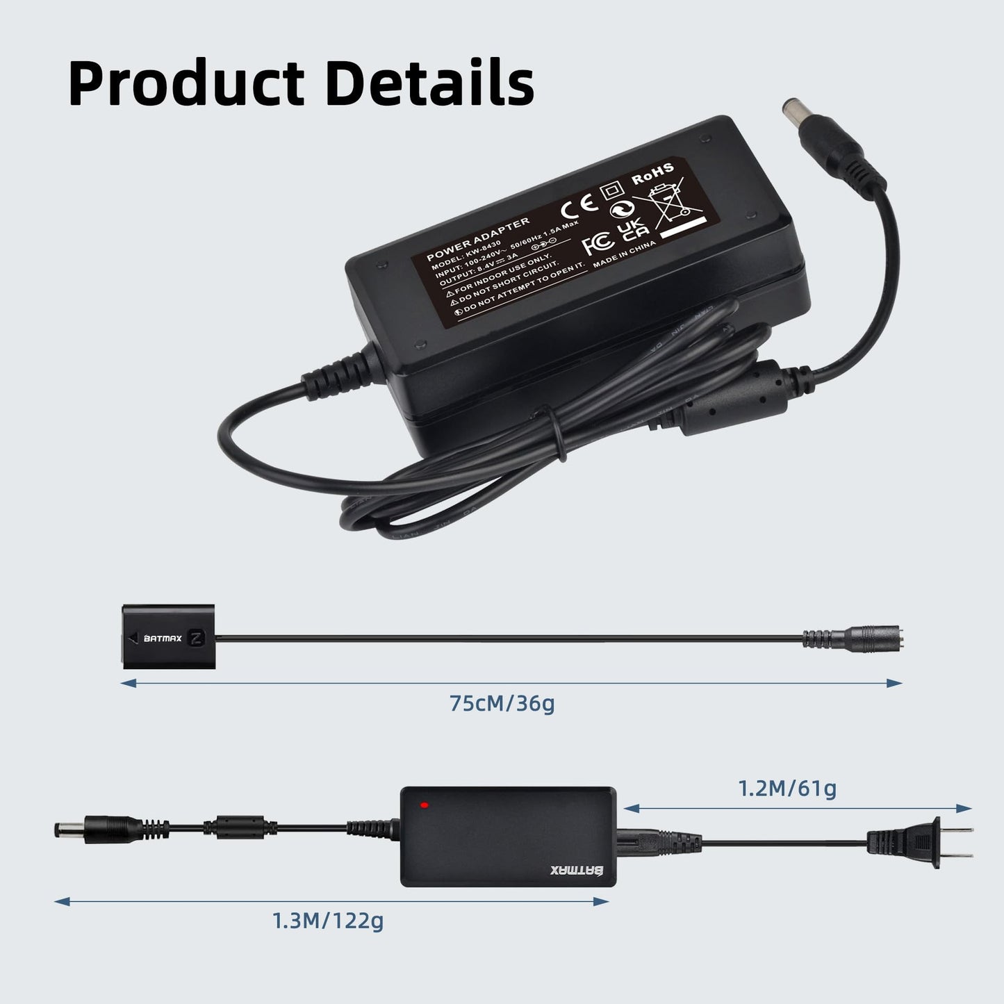Batmax NP-FZ100 Adaptador de corriente CA y acoplador de CC Kits de cargador de batería simulado para cámaras Sony Alpha A7IV A6600 A6700 ZV-E1 A7III A7SIII A7C A1 FX3 A7R3 A7R IV, A9 A9R A9S