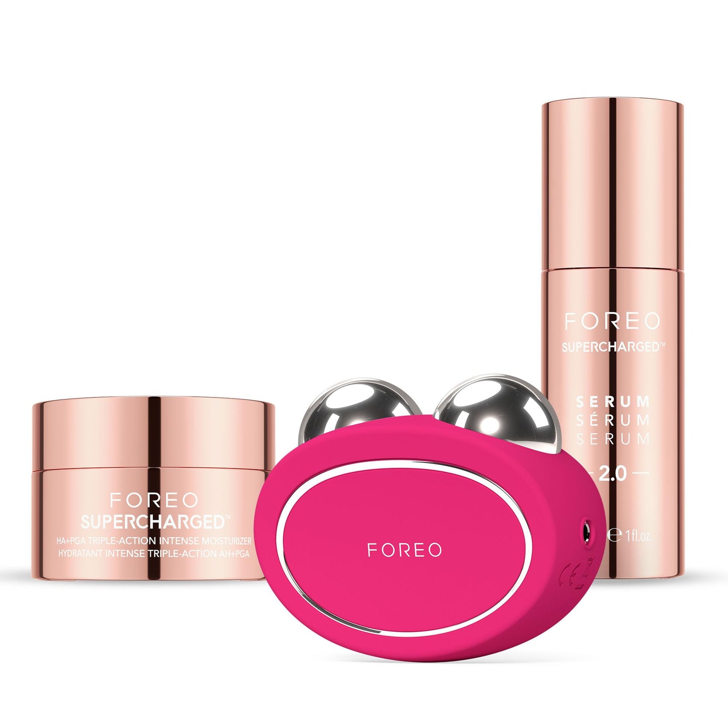 FOREO Set Total Facelift - BEAR Masajeador facial de microcorrientes - Radiofrecuencia facial + SÉRUM 2.0 30 ml + Crema hidratante triple acción HA+PGA 15 ml - Ácido hialurónico - Fuchsia