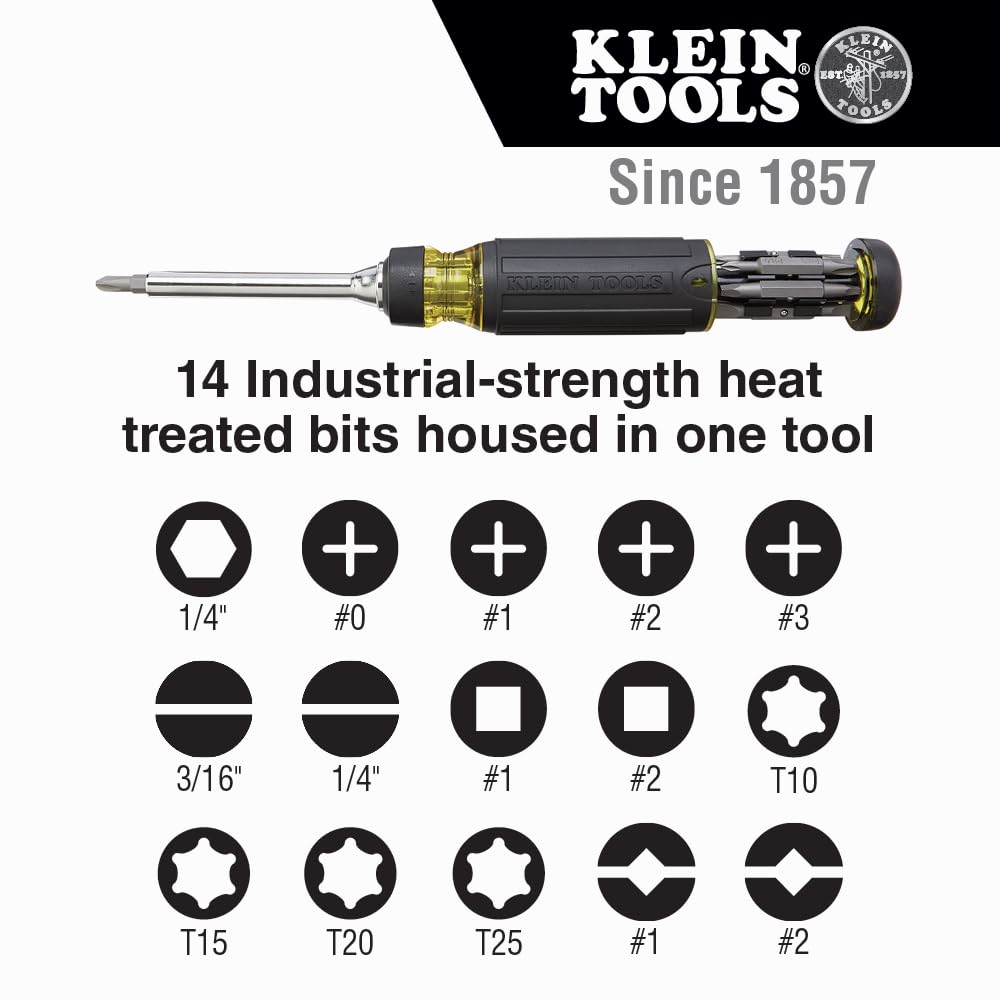 KLEIN TOOLS 32305 | Desarmador multipuntas| 15 en 1 con matraca | Destornillador ergonómico con puntas intercambiables y almacenamiento integrado | Ideal para todo tipo de tornillos