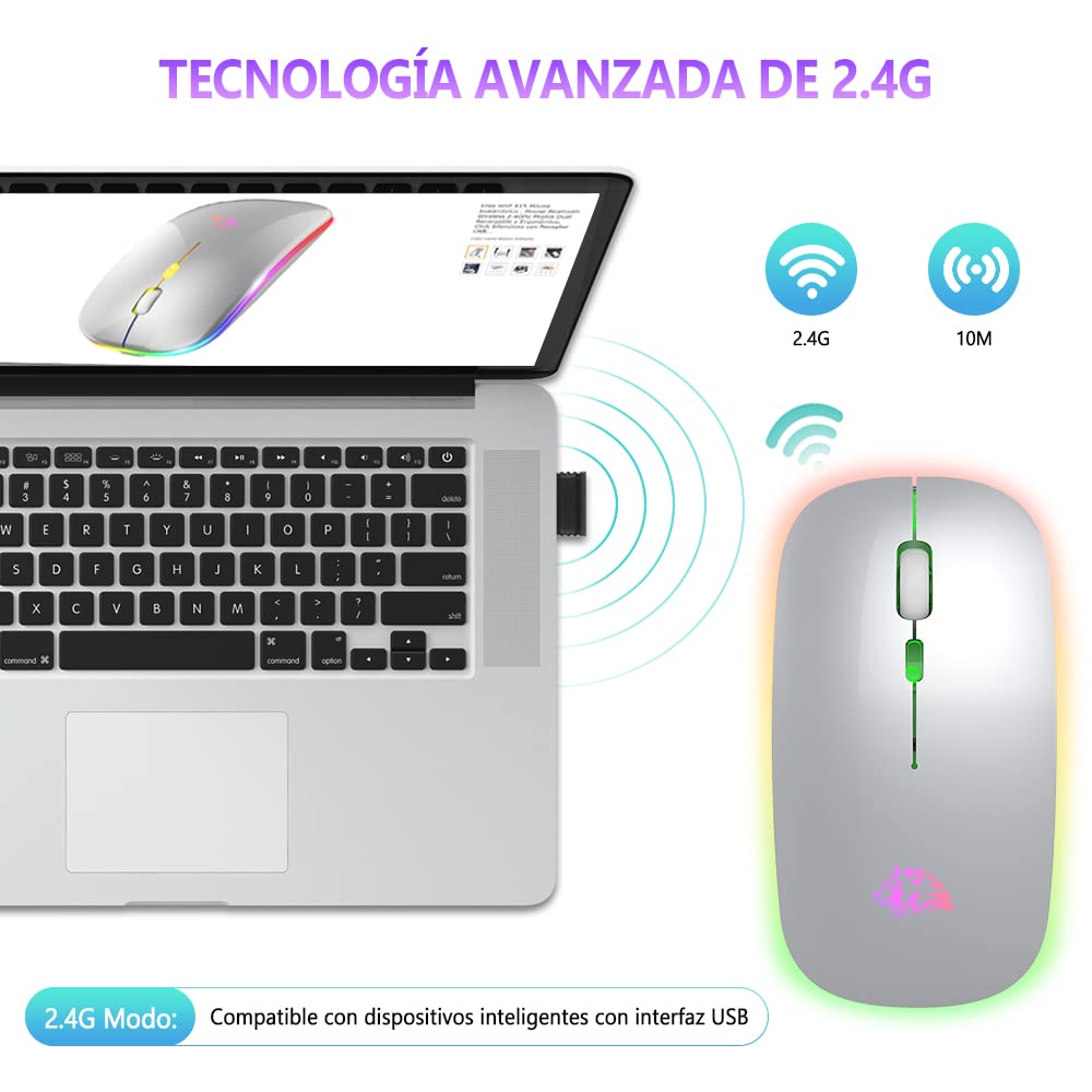 Free wolf X15 Mouse Inalámbrico, Wireless óptico Recargable 2.4 G Ergonómico Silencioso Click con Receptor USB 3(800/1200/1600) Ajustable dpi Ratón para Computadora,Portátil,PC,Mac (Plata)
