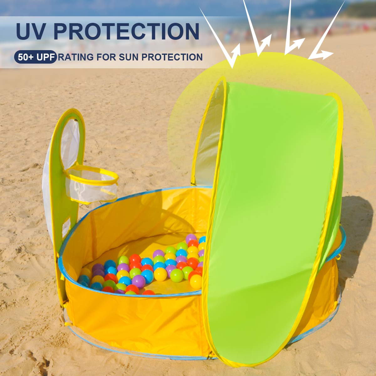 FBSPORT Tienda de campaña de playa para bebé, refugio solar portátil, tienda de campaña para niños, piscina infantil, protección UPF 50+ con aro de baloncesto