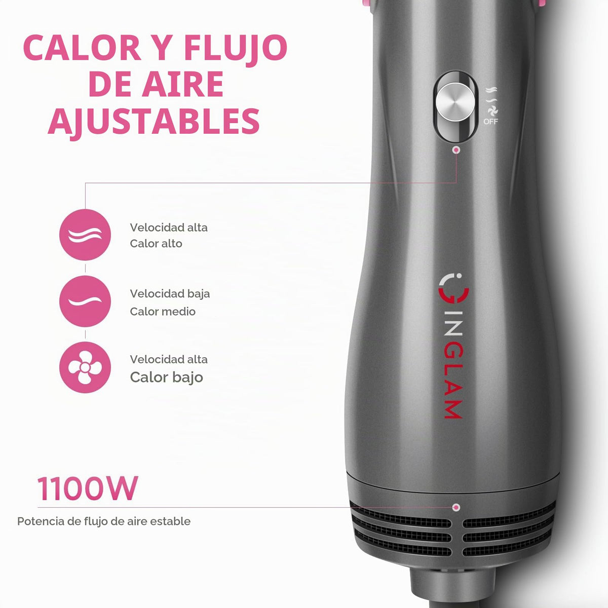 Juego de Cepillos IG INGLAM Gris 4 en 1 con Iones Negativos para Mujer