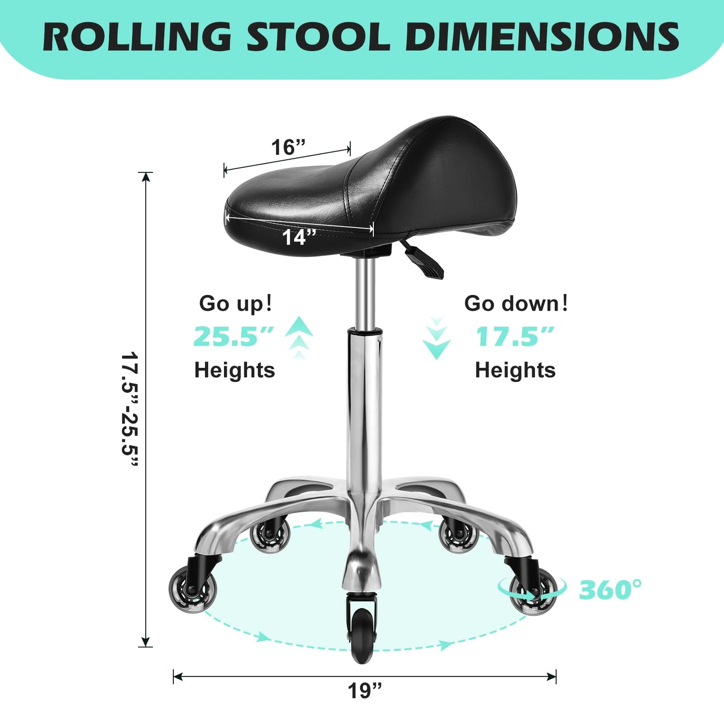 Taburete de Sillín Ergonómico con Ruedas, Cojín Grueso Mejorado, Corrección de Postura, Ajustable, Resistente 400 Libras, para Salón de Masaje y Hogar