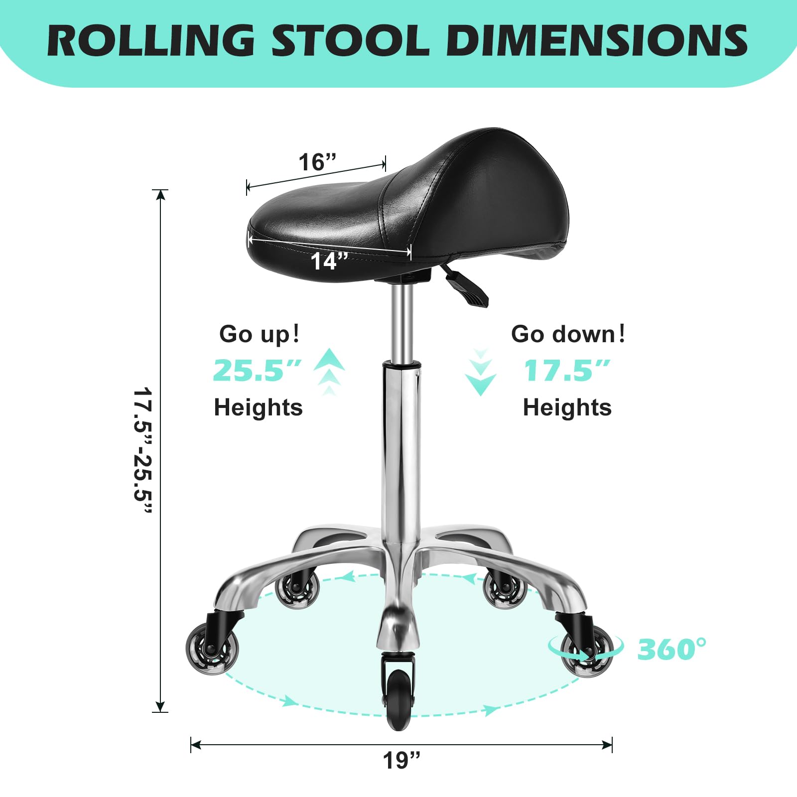Taburete de Sillín Ergonómico con Ruedas, Cojín Grueso Mejorado, Corrección de Postura, Ajustable, Resistente 400 Libras, para Salón de Masaje y Hogar