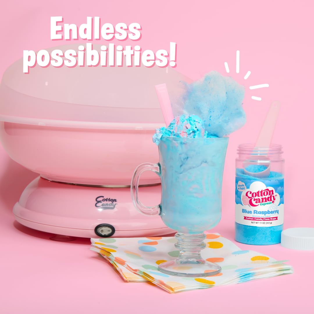 Cotton Candy Express Paquete variado de azúcar de hilo dental con tarros de plástico de 3 a 11 onzas de cereza, frambuesa azul y azúcar de uva más 50 conos de algodón de papel