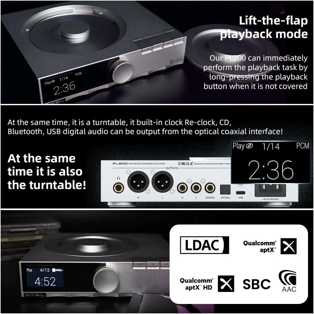 SMSL PL200 MQA Reproductor de CD Tocadiscos HiFi Lossless AK4499EX Chip Bluetooth Reproducción Decodificación Amplificador de auriculares con mando a distancia (Plata)