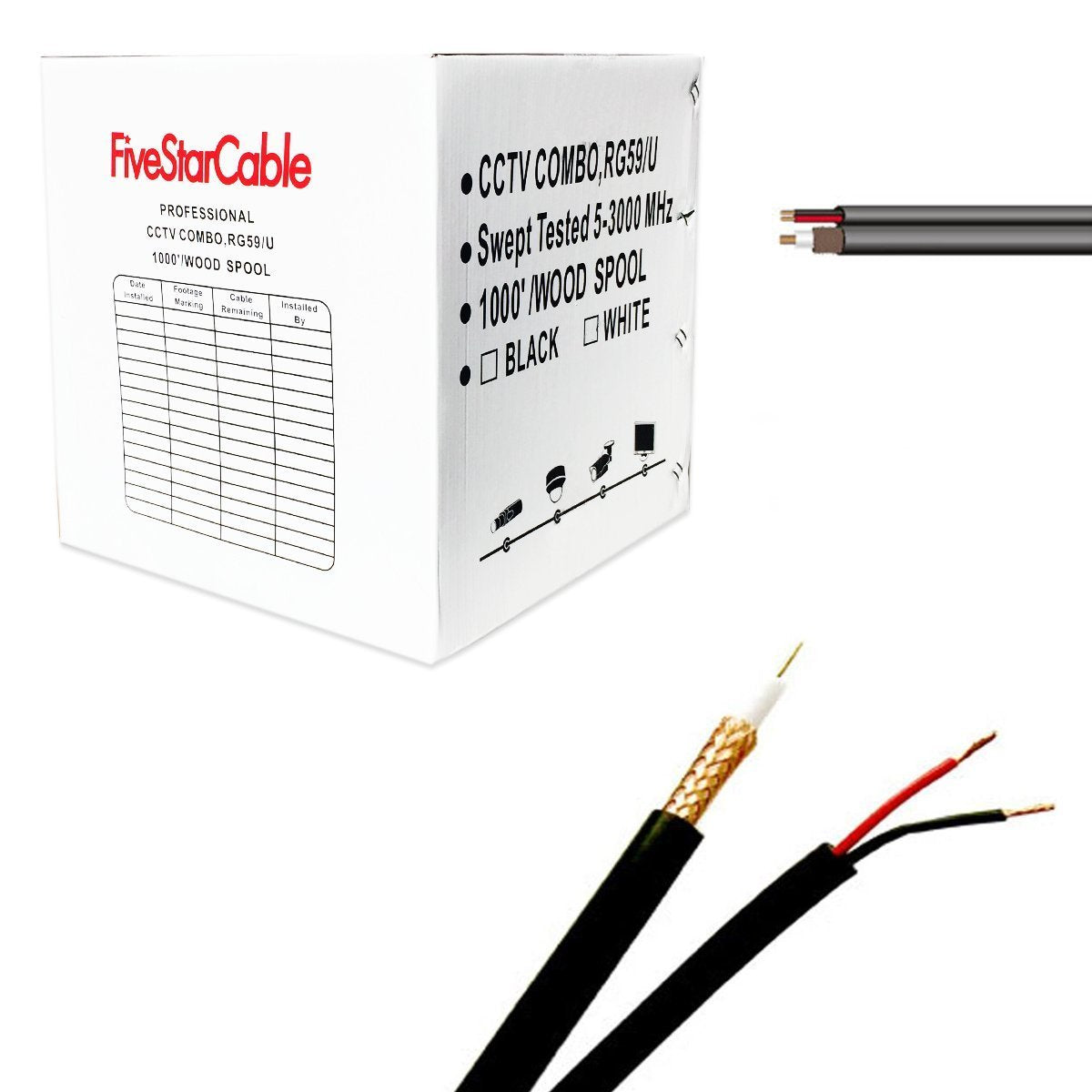 Five Star Cable RG59 UL Listed Siamese 1000 ft. Coaxial CCTV Cable - Combo 20 AWG RG59 + 18/2 18AWG Power