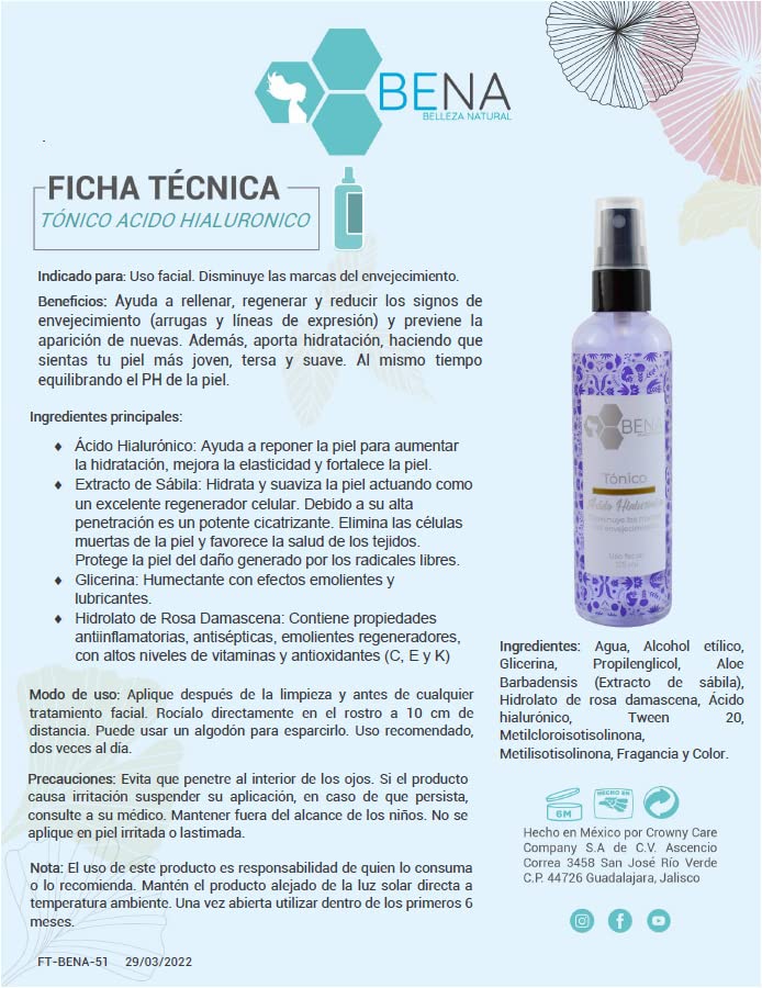 Kit Rostro Perfecto Bena Serum Tonico y Mascarilla de Acido Hialuronico mas Jabon Baba De Caracol