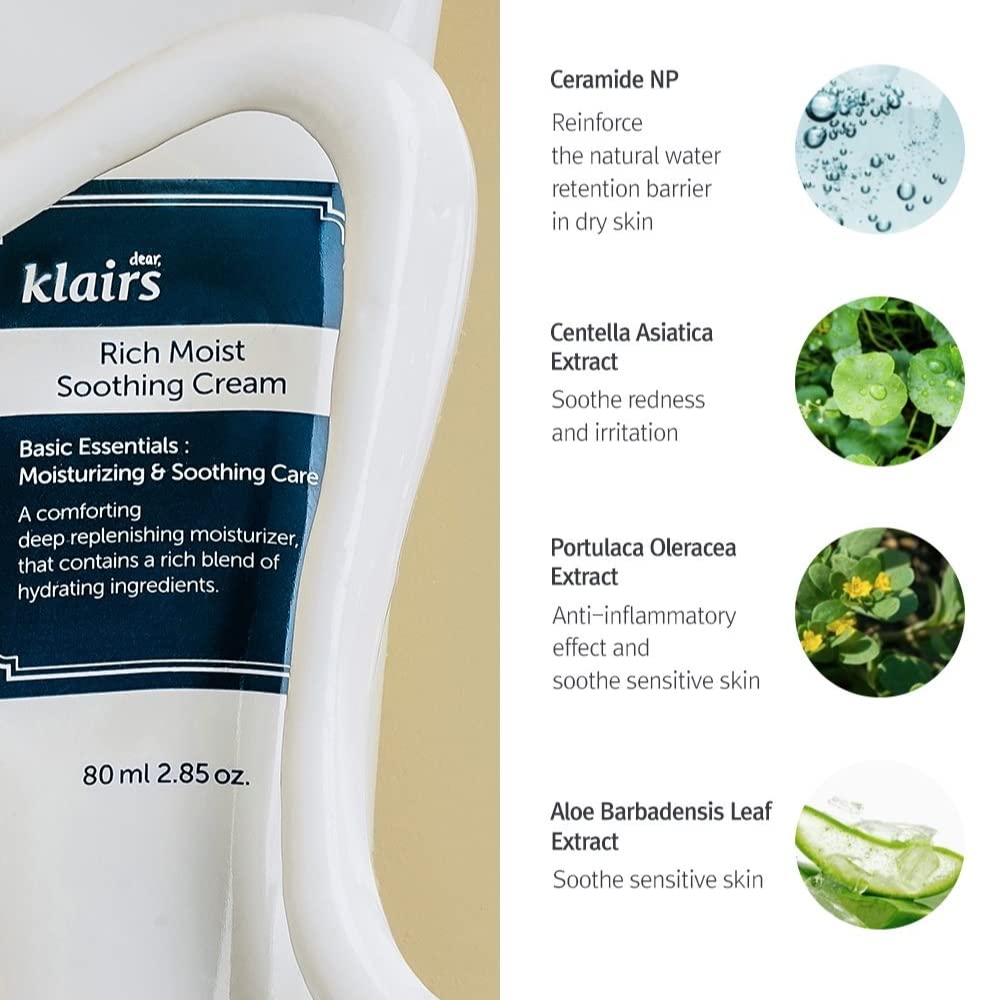 DearKlairs Rich Moist Soothing Cream 80ml, Hypoallergenic, Centella Asiatica, Ceremide, Moisturizer, full hydration, Protective layer with Beta Glucan, Non-sticky texture, K-beauty