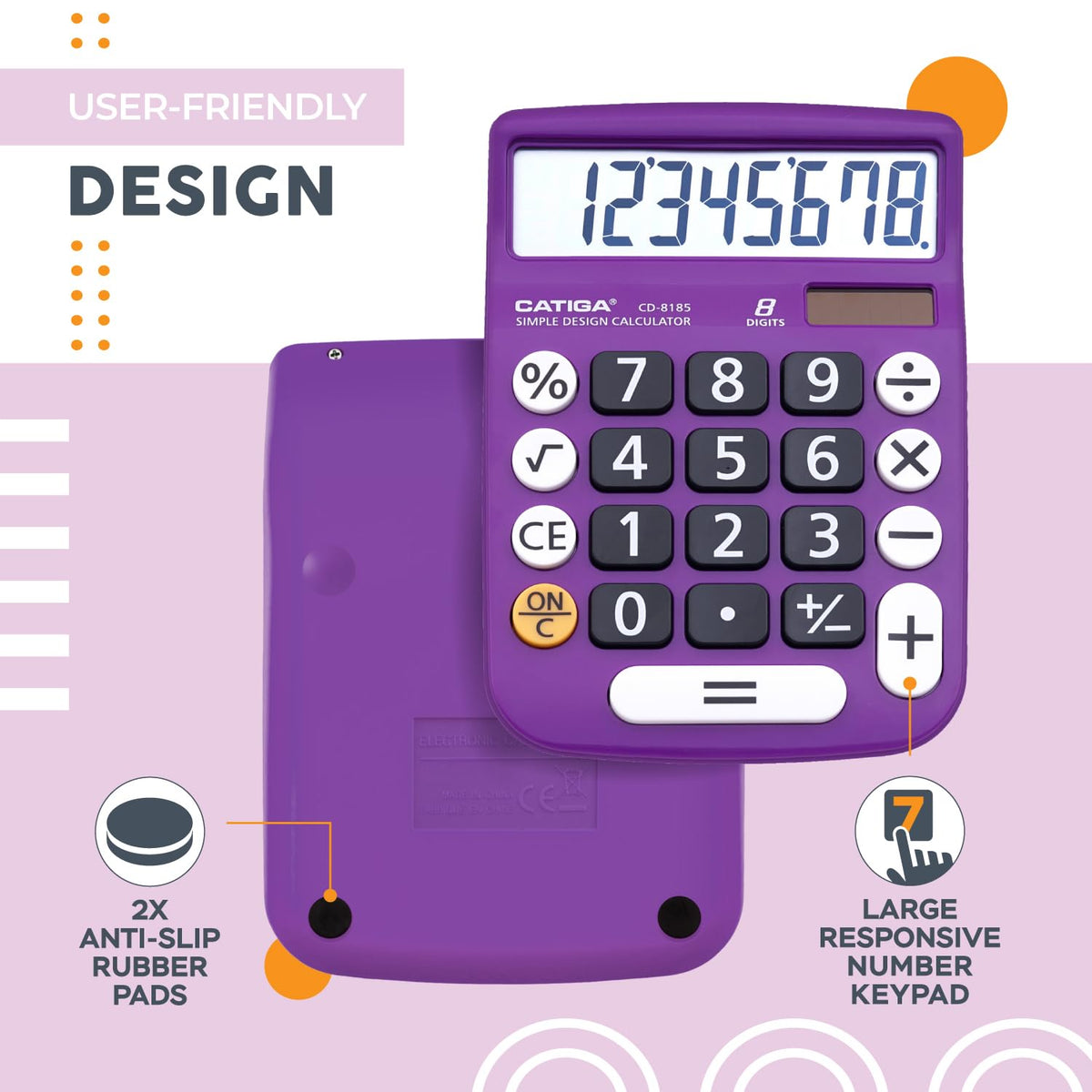 Calculadora CD-8185 Violeta Pantalla LCD Grande y Energía Dual para Oficina, Hogar y Escuela