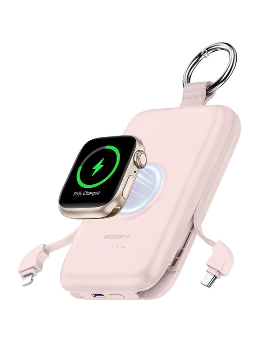 Power Bank RORRY Rosa 10000mAh Bateria Recargable con Cables Integrados para iPhone y Apple Watch