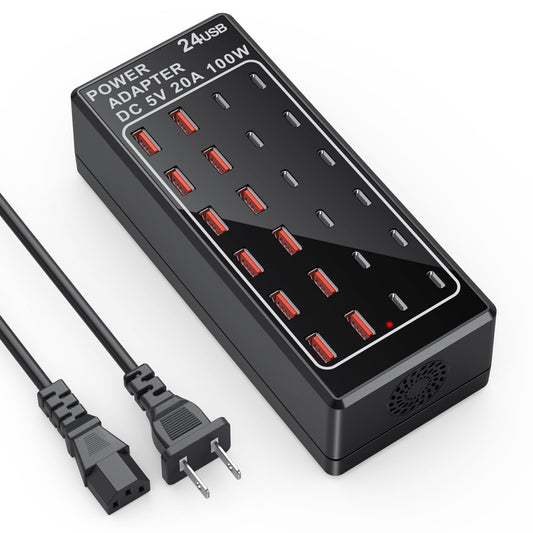 Cargador USB, bloque de cargador USB C, 100 W (20 A), 24 puertos, múltiples USB, cargador de pared, 12 USB A 12 USB C compatible con Apple iPhone, iPad, Samsung Galaxy, portátil, Pixel, teléfonos