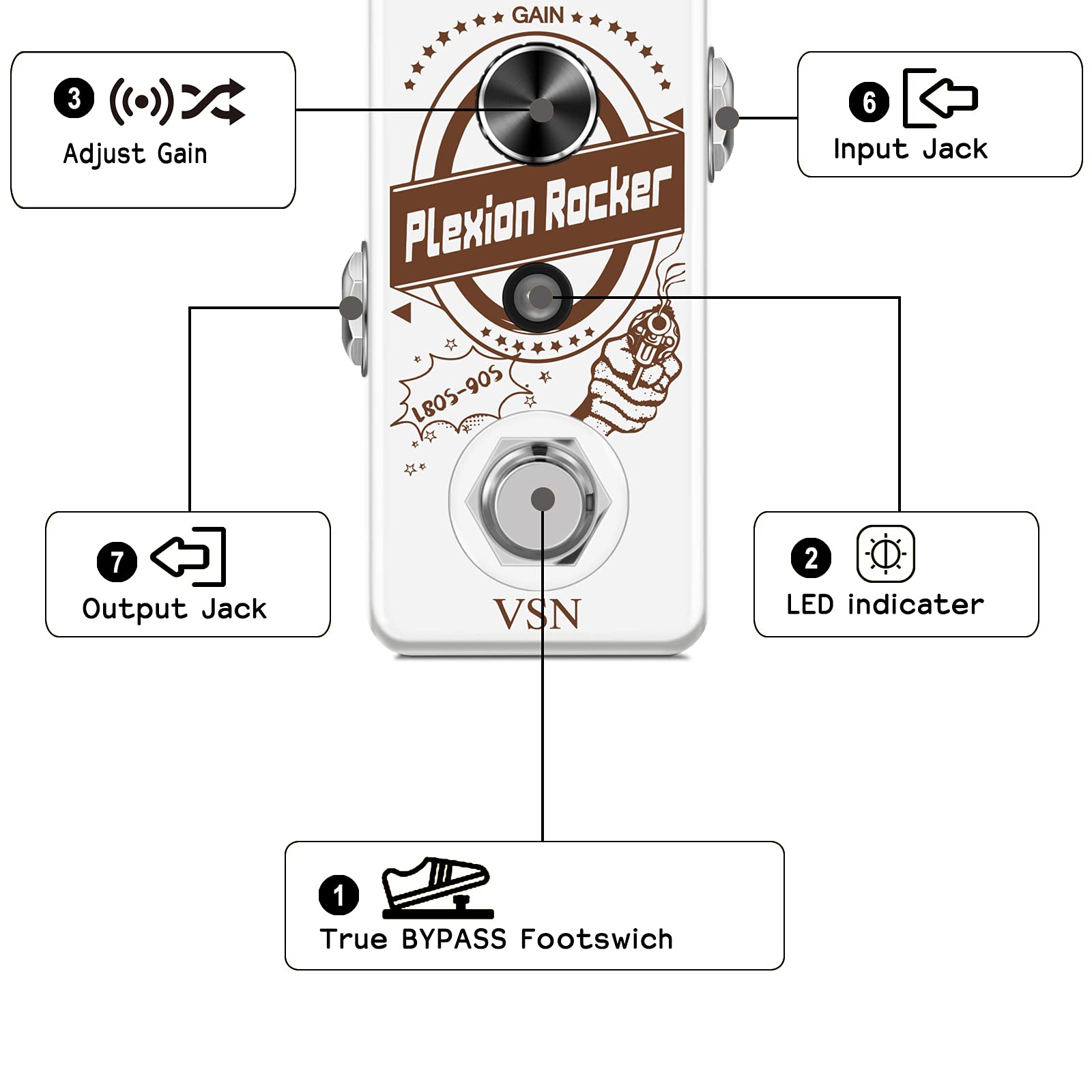 Pedal de Distorsión VSN Plexion Efecto para Guitarra Bajo con Modos Brillo Normal True Bypass