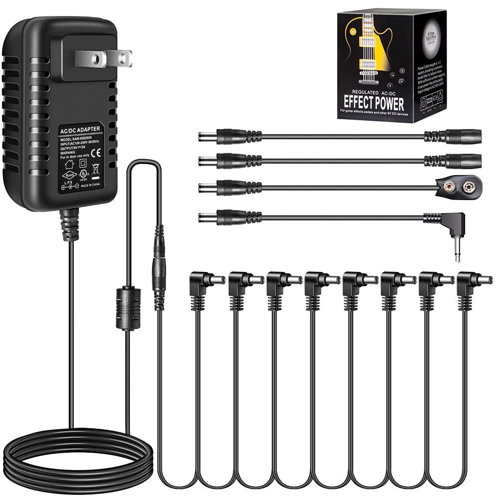 Adaptador de Fuente de Alimentación Pigtone 9V Negra Punta Negativa para Pedales de Guitarra
