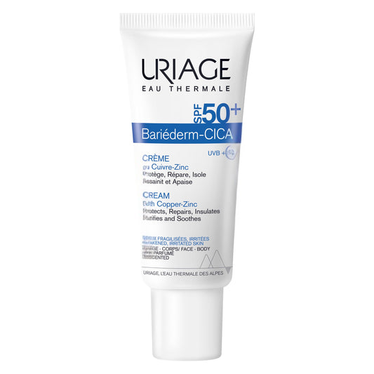 Uriage Bariderm-Cica Crema Multiusos con Protector Solar SPF50+. Crema Facial de Día con Cobre-Zinc - Previene la Formación de Marcas en la Piel - Cicatrices, Tatuajes, Láser - Sin Fragancia - 40ml
