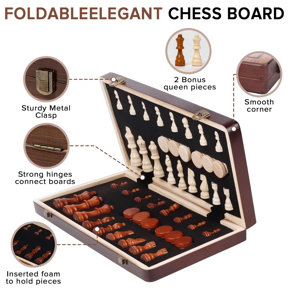 Chess Sets,Juegos de ajedrez,Yakiter 2 en 1 Juego de ajedrez magnético y juego de tablero de damas de 15 pulgadas,con 2 reinas extra,Juego de tablero de ajedrez para principiantes para adultos y niños