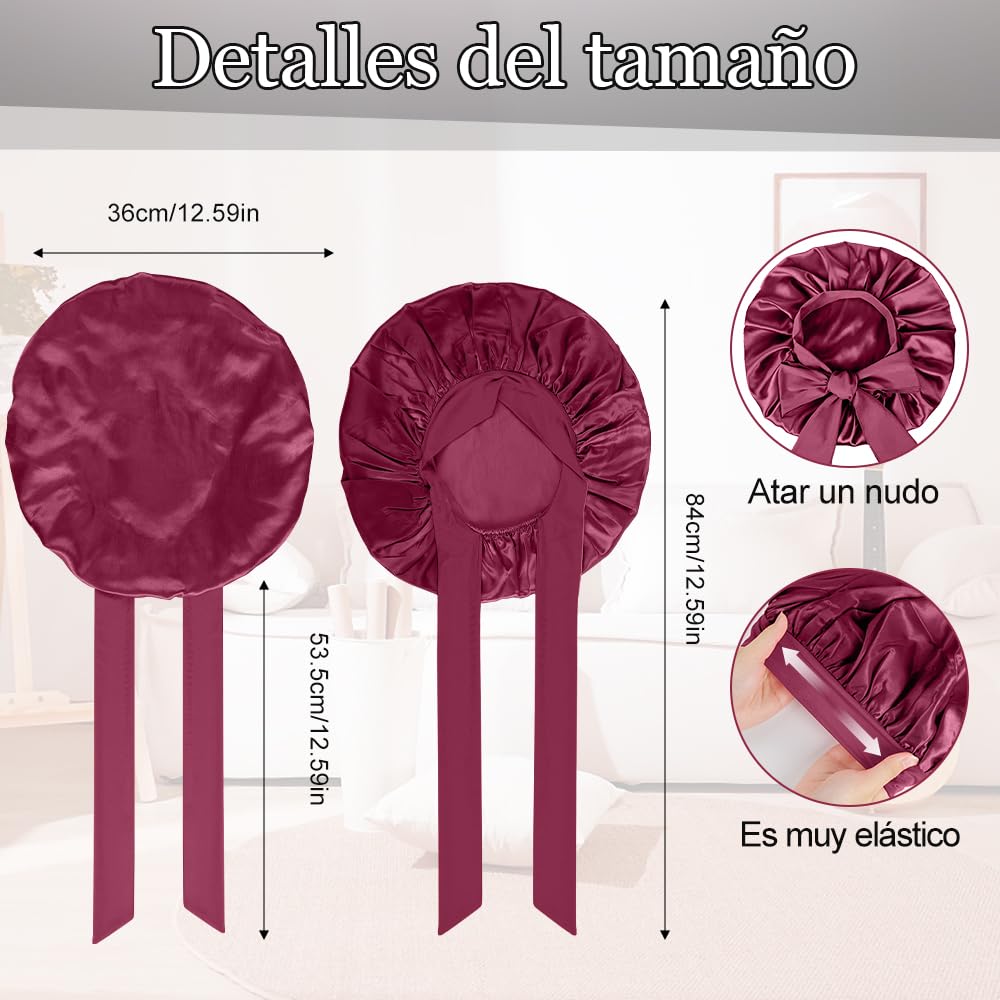 Gorro de Seda para Dormir, Para El Cabello Largo Bonnet Ajustable para Mujer，capó ajustable de satén，Capos grandes de seda satinada para dormir con correa de corbata, Adecuado para Dormir, Bañarse