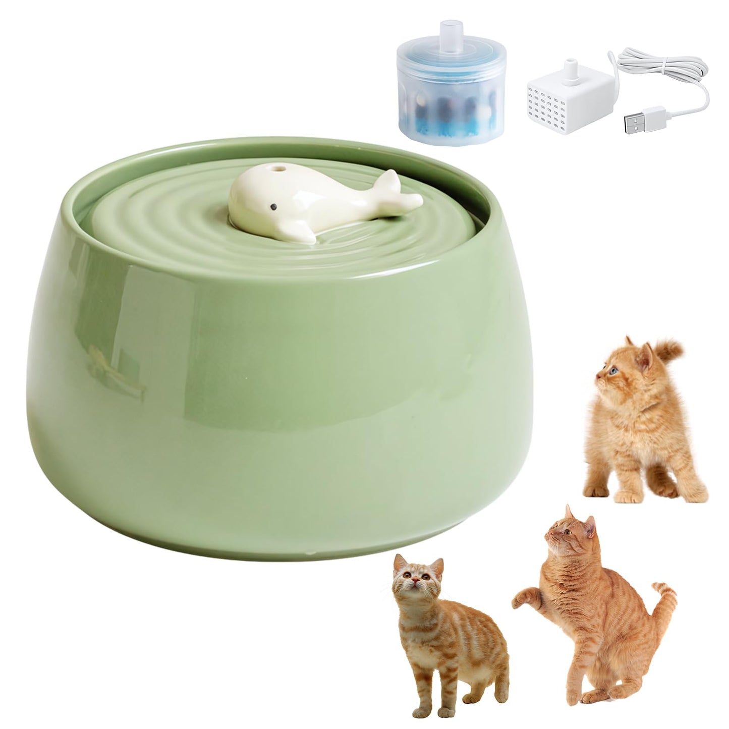 Fuente De Agua De Cerámica qooarker Verde Diseño de Ballena con Filtro de Carbón Activado para Gatos en Interiores 45 Oz