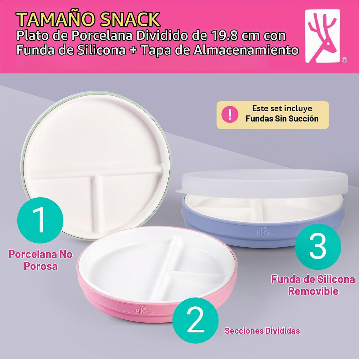 Elk and Friends - Platos blancos divididos de porcelana de 20 cm, con fundas de silicona, para bebés y niños, aptos para microondas y lavavajillas, antideslizantes, para aperitivos