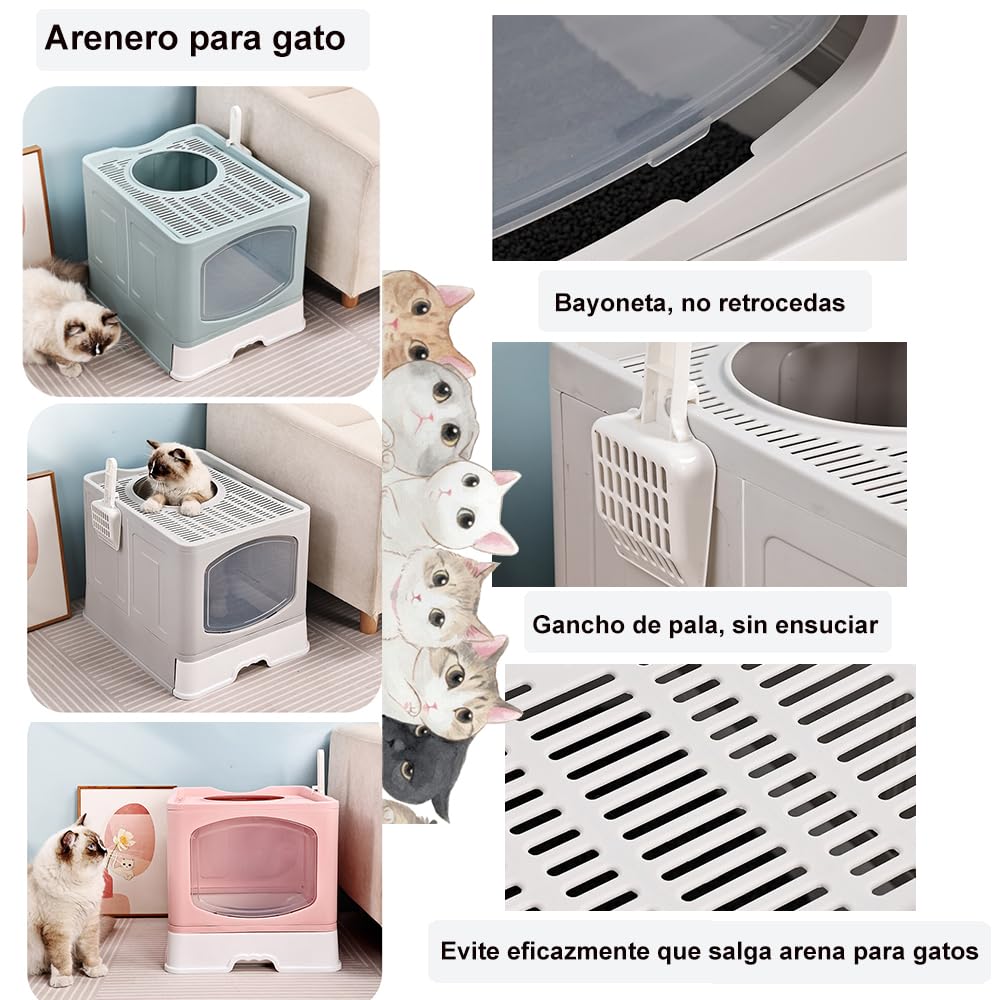 Arenero/Inodoro para Gato con Pala de Plegable, Caja de Arena para Gatos Removibles 51*44*41cm con Puerta Superior&Puerta Lateral Móvil de dos Direcciones, Antiolor y a Prueba de Salpicaduras (Azul)