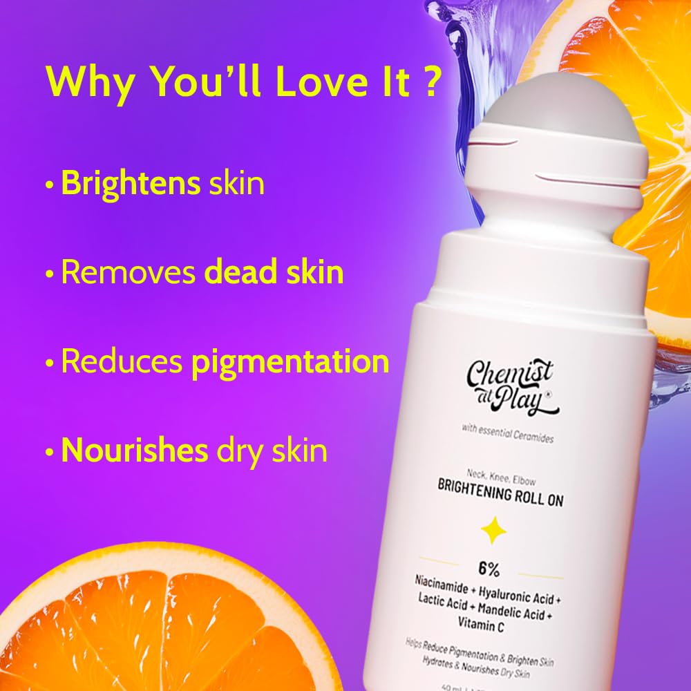 Chemist at Play Brightening & Whitening Roll On Serum For Neck, Knee & Elbow With 6% Vitamin C+ Hyaluronic Acid + AHAs + Niacinamide + Ceramides | Exfoliates, Removes Pigmentation, Brightens Skin & Hydrates Dry Skin | 40ml