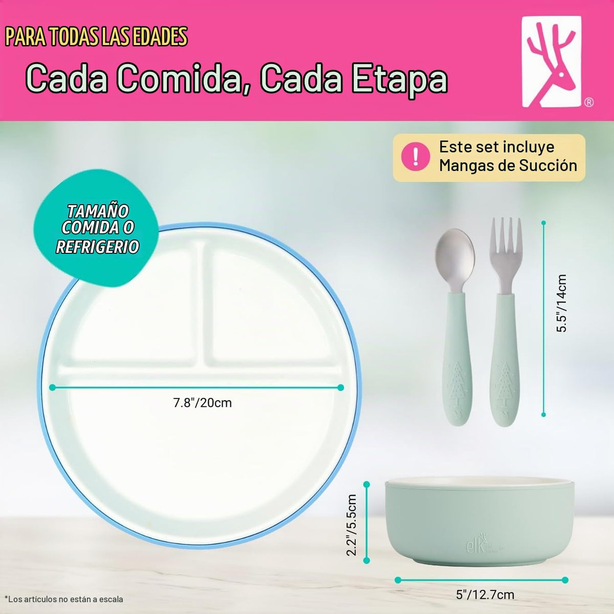 Elk and Friends - Set de vajilla de porcelana para niños con mangas de succión | Platos, tazones + cubiertos para niños pequeños | Mangas de silicona | para comidas + aperitivos | Apto para microondas