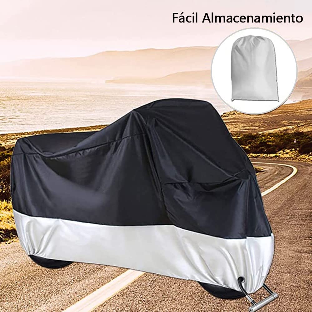 Herpet Funda para Motocicleta Cubierta de Moto Impermeable - Tejido de Poliéster Recubierto 190T, Impermeable A Prueba de UV Agua Lluvia Polvo Viento Nieve 230 x 95 x 125 CM (XL, Negro y Plata)