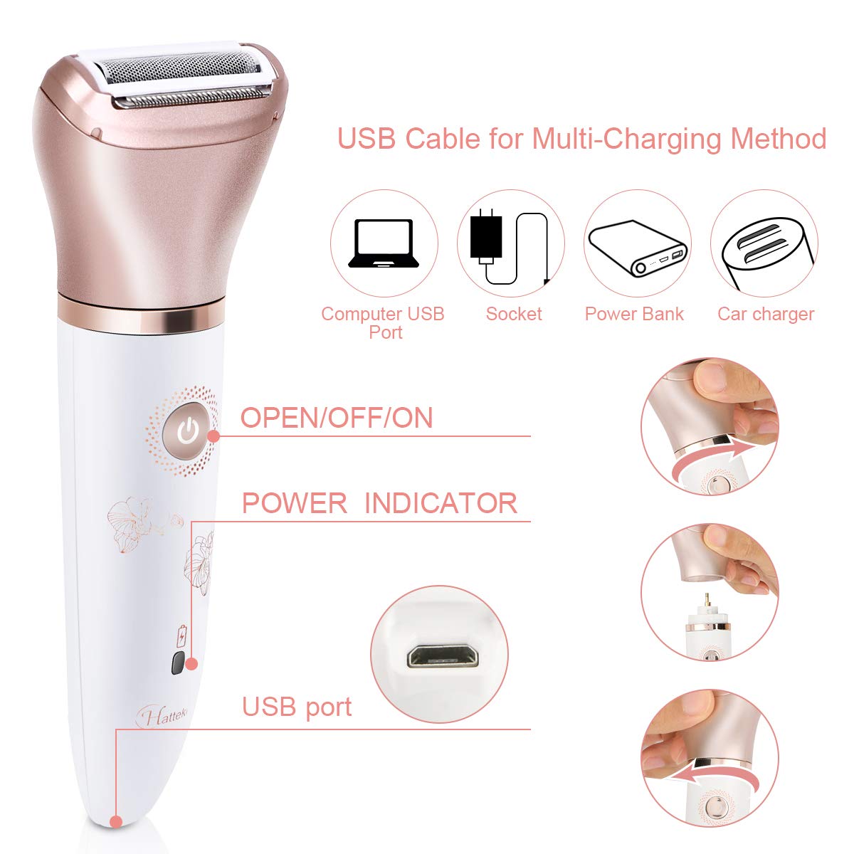 Maquinilla de Afeitar Eléctrica RenFox Oro Rosa 2 en 1 sin Dolor para Mujer