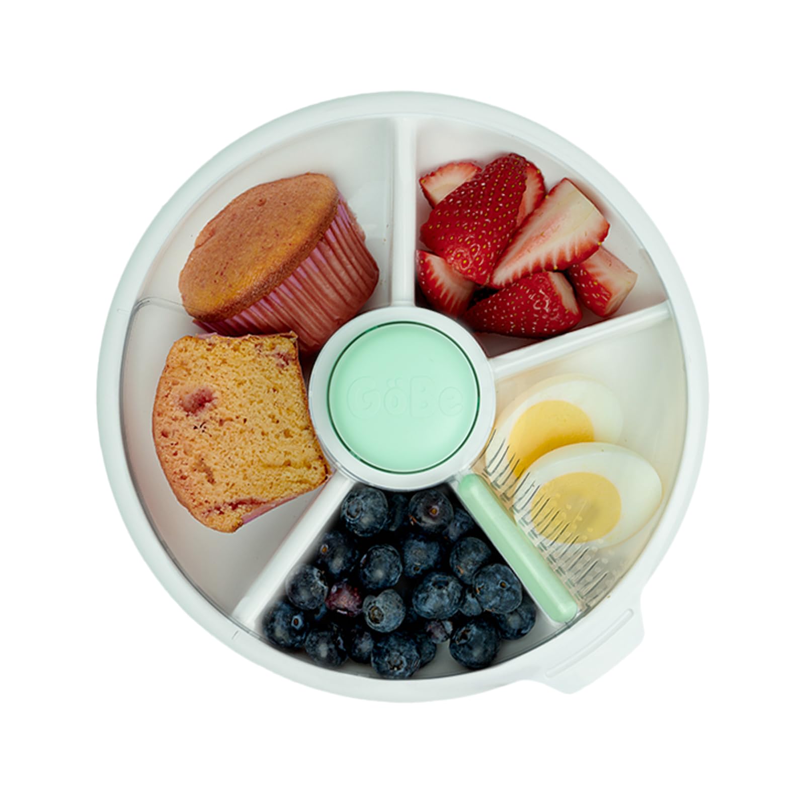 GoBe Kids - Paquete grande para aperitivos con correa de mano y hoja adhesiva, contenedor reutilizable con dispensador de 4 compartimentos y tapa, sin BPA/PVC, apto para lavaplatos, sin derrames