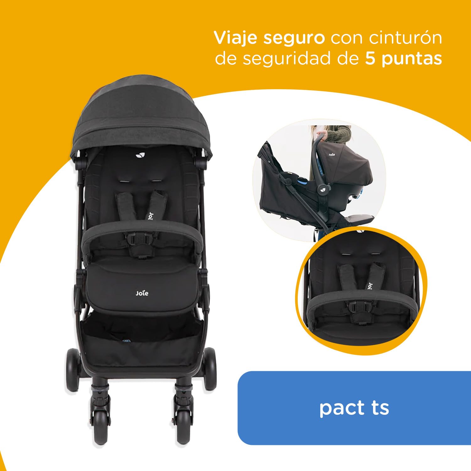 Joie Carriola para Bebe Pact con Silla Portabebés | Carriola de Baston Ligera con Cinturón de Seguridad de 5 Puntos | Carriola de Viaje con Toldo Repelente al Agua FPS 50+ | Carriola Ultra Ligera