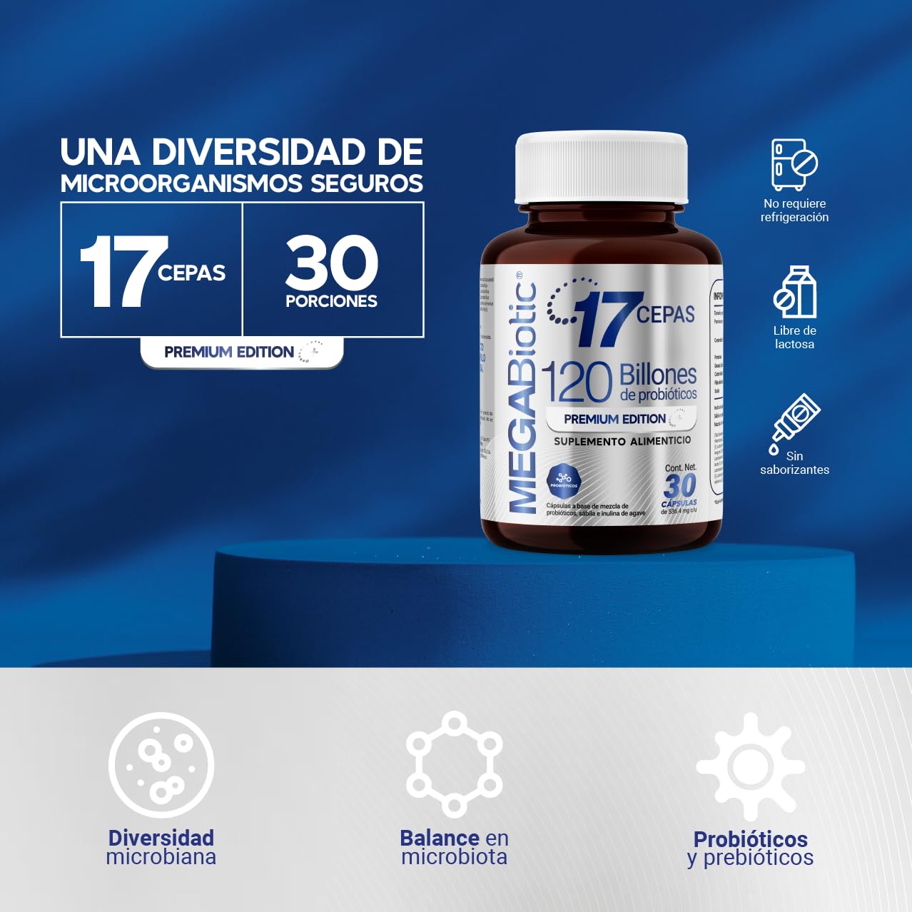 Suplemento Alimenticio MegaBiotic 120 Billones y 17 Cepas con Inulina de Agave y Sábila en Polvo